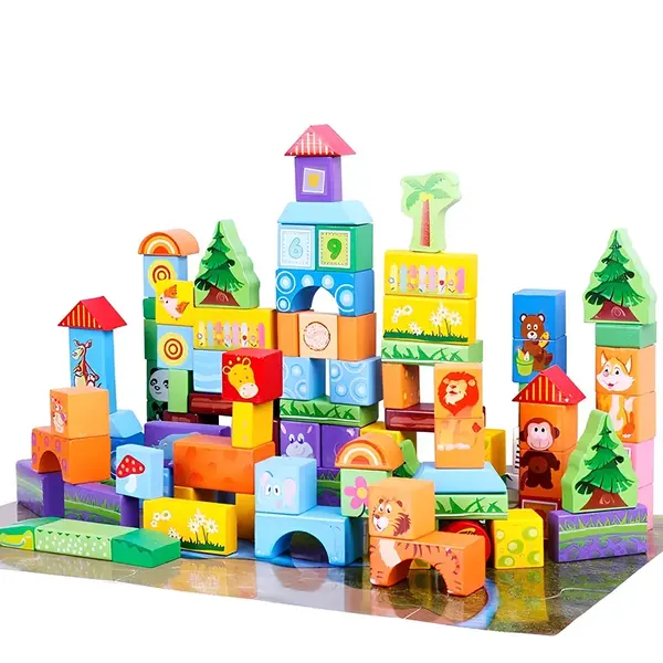 100 de cuburi din lemn pentru construit - Cute Animals 3 ani
