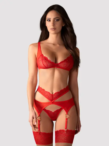 2XL/3XL - Set compus din sutien, portjartier si chilot tanga Cupide Desir 3-pcs Rosu