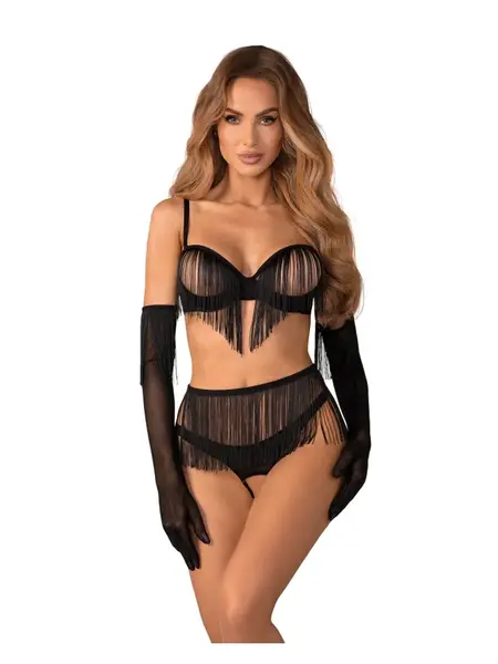 2XL/3XL - Set negru cu design deschis, inclusiv mănuși asortate Rossay Black 4-PCS Crotchless Set Negru