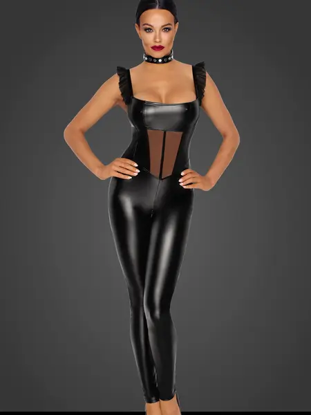 2XL - Catsuit trendy din imitatie de piele F256 Negru