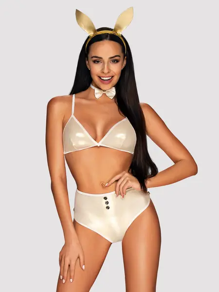 2XL - Costum de iepuras compus din sutien, pantaloni, accesoriu gat si bentita cu urechi Neo Goldes Alb