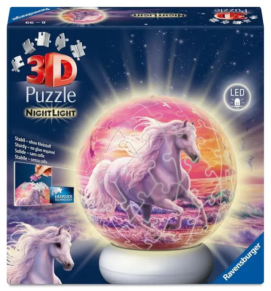 3D Puzzle Ravensburger din 72 piese - Cai pe plajă (cu lumină)