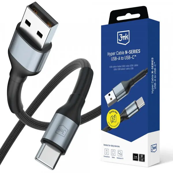 3MK Cablu Date si Incarcare USB-A - USB-C 3MK Hyper N, 18W, 1m, Negru