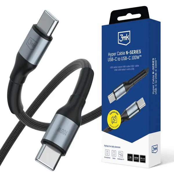 3MK Cablu Date si Incarcare USB-C - USB-C 3MK Hyper N, 100W, 1m, Negru
