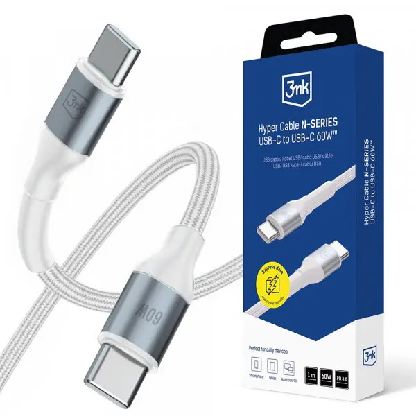3MK Cablu Date si Incarcare USB-C - USB-C 3MK Hyper N, 60W, 1m, Alb