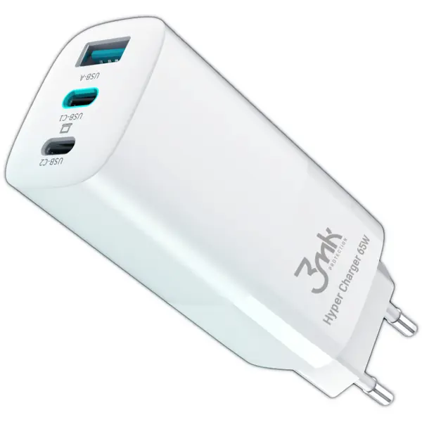 3MK Incarcator Retea USB 3MK HyperCharger, GaN, Quick Charge, 65W, 1 X USB - 2 x USB Type-C, Alb