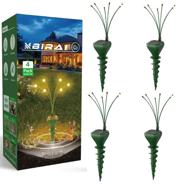 4 Aparate Anti-Cârtite cu Lumini Tip Licurici BIRAI M8 – Ultrasunete, Solar, IP65, Protecție Grădină