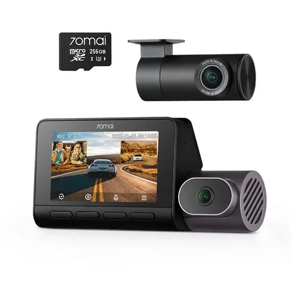 70MAI Set Camera auto DVR 70mai Dash Cam T800, 4K, 3 Obiective, (fata 4K, interior 1080p), Camera spate RC41 4K, GPS, HDR, ADAS, Card microSD 256GB, Negru