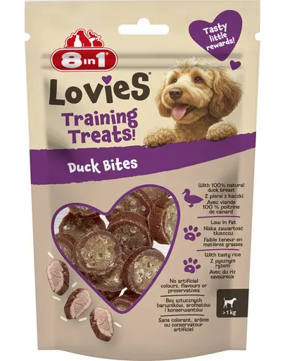 8IN1 Lovies Training Treats Duck Bites 90 g recompense pentru dresaj cu rață și orez pentru câini