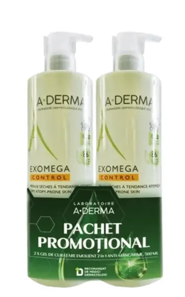 A-Derma Exomega control gel 2in1 x 500ml DUOPACK PACHET PROMO Pierre Fabre Dermo Cosmetique