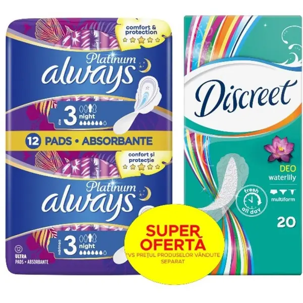 Absorbante Always Platinum Night, 12 Bucati + Absorbante Zilnice Discreet Waterlily, 20 Bucati