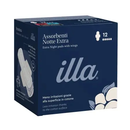 Absorbante bumbac noapte extra, 5 picaturi Illa, 12 bucati