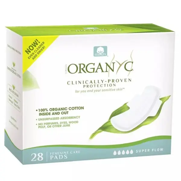 Absorbante din Bumbac Organic, Flux Menstrual Abundent, 4 Pachete x 7 Bucati, Organyc