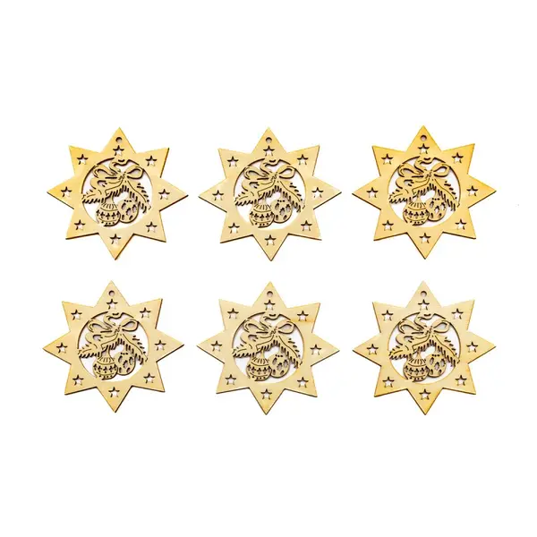 Accesorii pentru activitati crafts lemn decupat,stea cu clopotel,6 bucati set