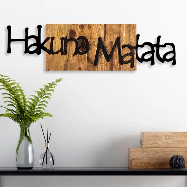 Accesoriu decorativ de perete din lemn si metal Hakuna Matata 4 Negru 108x3x30 cm