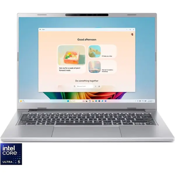 Acer Laptop Acer Aspire 14 AI OLED A14-53M-54TU, Procesor Intel® Core™ Ultra 5 226V, Display 14 WUXGA (1920x1200), OLED, Memorie RAM 16GB LPDDR5x, Capacitate de stocare 512 GB SSD, Placa video integrata Intel® Arc™ Graphics, No OS, Pure Silver (INT Keyb