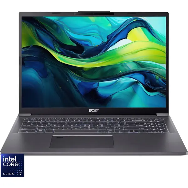 Acer Laptop Acer Aspire 16 A16-71M-7155, Procesor Intel® Core™ Ultra 7 155U (12M Cache, pana la 4.80 GHz), 16 inch, WUXGA, IPS, 16GB LPDDR5X, 1TB SSD, Intel Graphics, No OS, Gri inchis