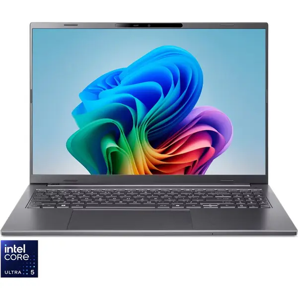 Acer Laptop Acer Aspire 16 AI OLED A16-52M-5778 cu procesor Intel® Core™ Ultra 5 226V, Display 16, WUXGA+ (2048 x 1280), OLED, 120Hz, Memorie RAM 16GB LPDDR5x, Capacitate 512GB SSD, Placa video integrata Intel® Arc™ Graphics, No OS, Steel Gray (INT Keyb