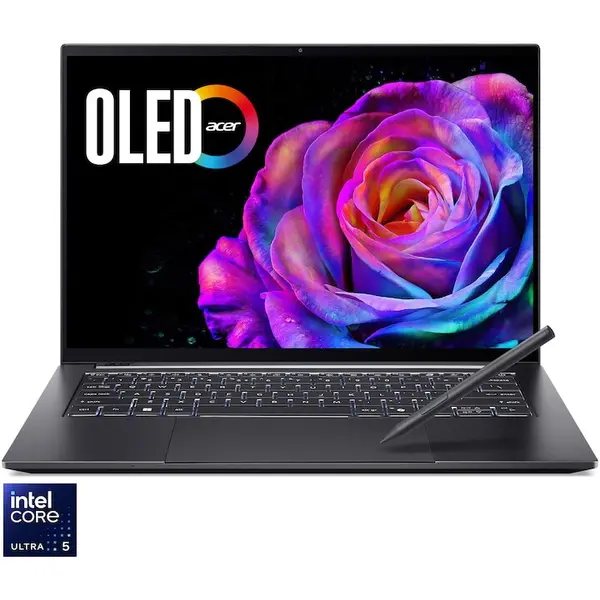 Acer Laptop Acer Swift X 14 OLED SFX14-73G-53S2 cu procesor Intel® Core™ Ultra 5 225H pana la 4.9GHz, 14.5, WQXGA, 2.8K, OLED, 120Hz, Touch, 16GB LPDDR5X RAM, 1TB SSD, NVIDIA® GeForce RTX™ 5050 8GB GDDR7, Windows 11 Home, Titanium Gray