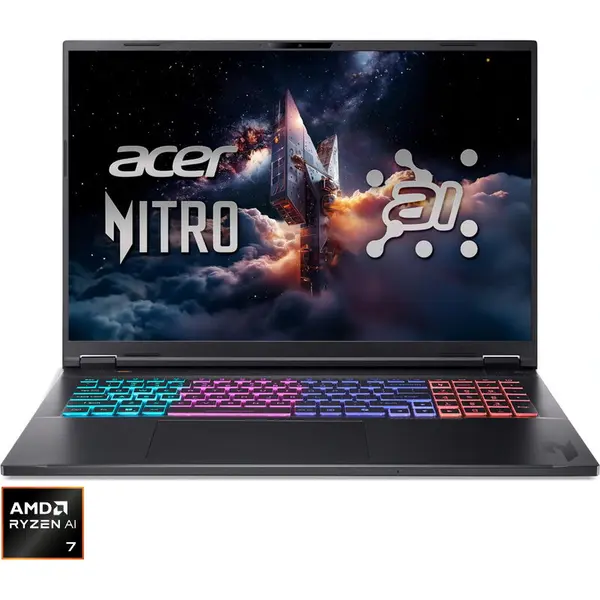 Acer Laptop Gaming Acer Nitro 18 AI AN18-61-R50K, Procesor AMD Ryzen™AI 7 350, Display 18 WUXGA (1920x1200), IPS, 165Hz, Memorie RAM 16GB DDR5, Capacitate 512GB SSD, Placa video dedicata NVIDIA® GeForce RTX™ 5050 8GB GDDR7, No OS, Obsidian Black (INT Key