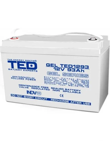 Acumulator 12V GEL Deep Cycle Solar, Dimensiuni 305 x 167 x 208 mm, Baterie 12V 93Ah M8, TED Electric TED003485 A0061962