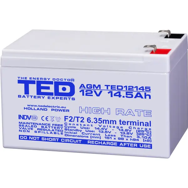 Acumulator 12V High Rate, Dimensiuni 151 x 98 x 95 mm, Baterie 12V 14.5Ah F2, TED Electric TED002792