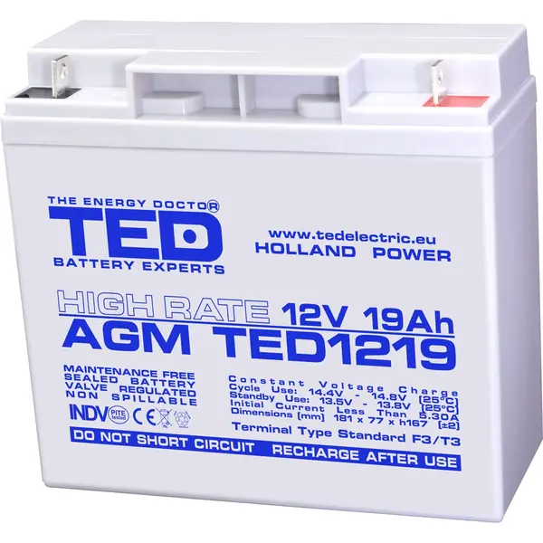 Acumulator 12V High Rate, Dimensiuni 181 x 76 x 167 mm, Baterie 12V 19Ah F3, TED Electric TED002815