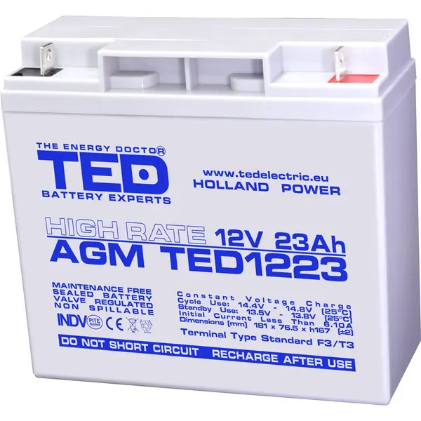 Acumulator 12V High Rate, Dimensiuni 181 x 76 x 167 mm, Baterie 12V 23Ah F3, TED Electric TED003348