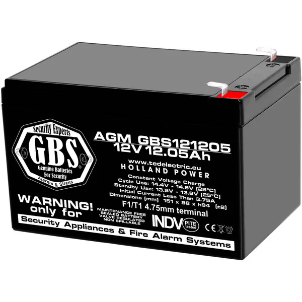 Acumulator 12V Sisteme Alarma, Dimensiuni 151 x 98 x 95 mm, Baterie 12V 12.05Ah F1, TED Electric GBS