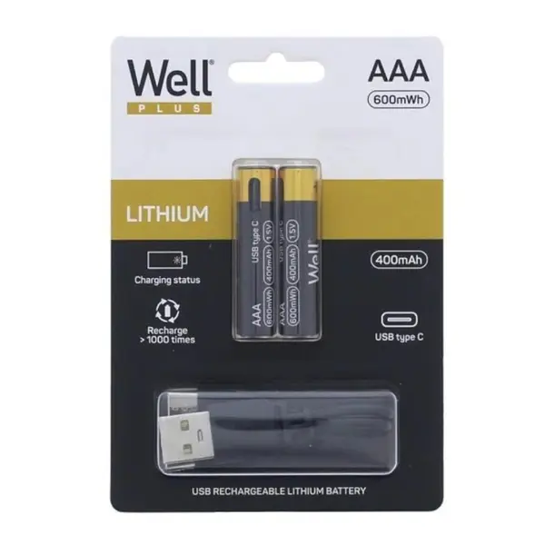 Acumulator AAA (R3) Li-ion 10440 1.5V 400mAh, 600mWh, Incarcare USB-C, 2 Bucati, Well
