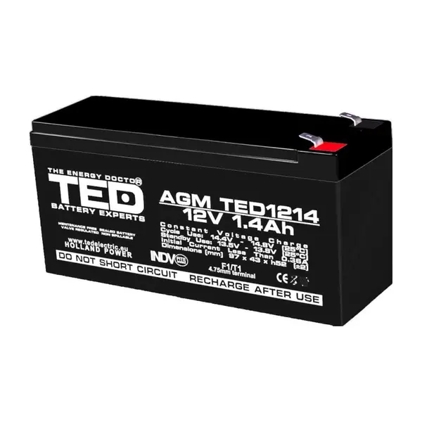 Acumulator AGM VRLA 12V 1,4Ah TED Battery Expert Holland, terminal F1, TED002716