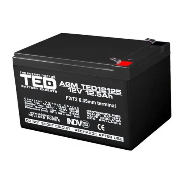 Acumulator AGM VRLA 12V 12,5Ah TED Battery Expert Holland, terminal F2, 151x98x95mm, TED002754