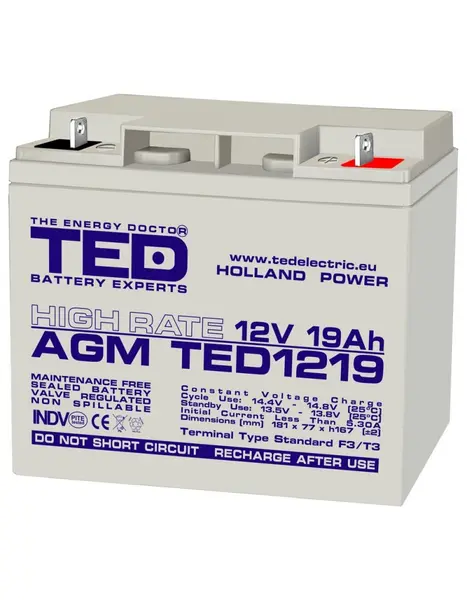 Acumulator AGM VRLA 12V 19Ah High Rate, terminal F3, TED Battery Expert Holland TED002815