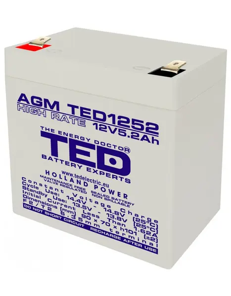 Acumulator AGM VRLA 12V 5,2A High Rate 90mm x 70mm x h 98mm F2 TED Battery Expert Holland TED003287 (10)