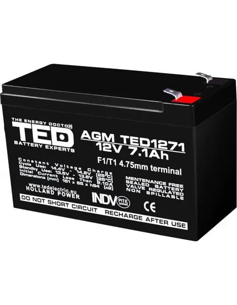 Acumulator AGM VRLA 12V 7,1Ah pentru sisteme de securitate și UPS, terminal F1, TED Battery Expert Holland TED003416