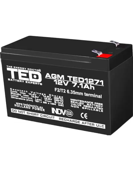 Acumulator AGM VRLA 12V 7,1Ah pentru UPS și sisteme de supraveghere, terminal F2, TED Battery Expert Holland TED003225
