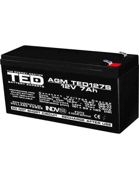 Acumulator AGM VRLA 12V 7Ah 149×49×95mm Terminal F2 TED Battery Expert Holland TED003195