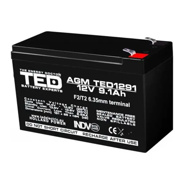 Acumulator AGM VRLA 12V 9,1Ah TED Battery Expert Holland, terminal F2, set 5 bucăți, TED003263