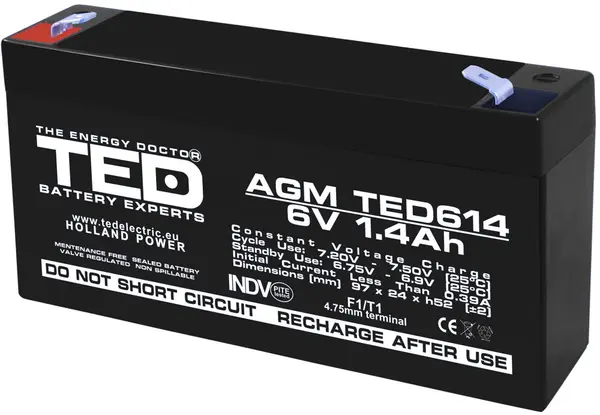 Acumulator AGM VRLA 6V 1,4A dimensiuni 97mm x 25mm x h 54mm F1 TED Battery Expert Holland TED002839 (40)