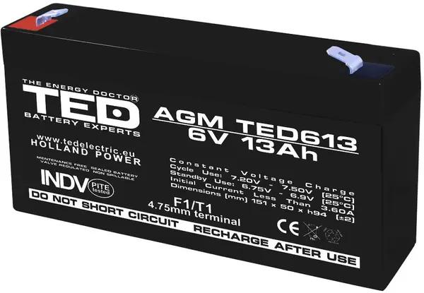Acumulator AGM VRLA 6V 13Ah pentru sisteme de securitate și UPS, terminal F1, TED Battery Expert Holland TED003010