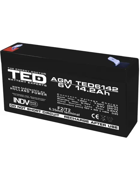 Acumulator AGM VRLA 6V 14,2Ah pentru solar și UPS, terminal F2, TED Battery Expert Holland TED003034