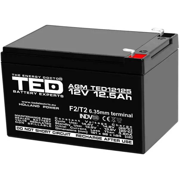Acumulator AGM VRLA TED TED002754, 12 V, 12.5 Ah, F2