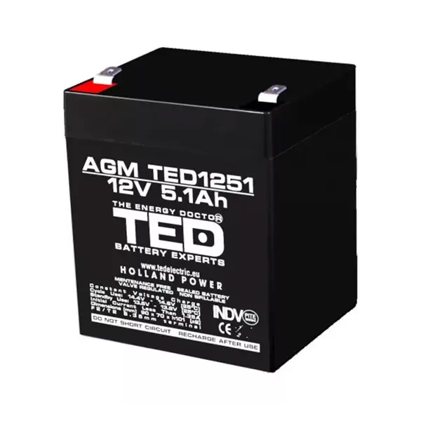 Acumulator AGM VRLA TED TED003157, 12 V, 5.1 Ah, F2