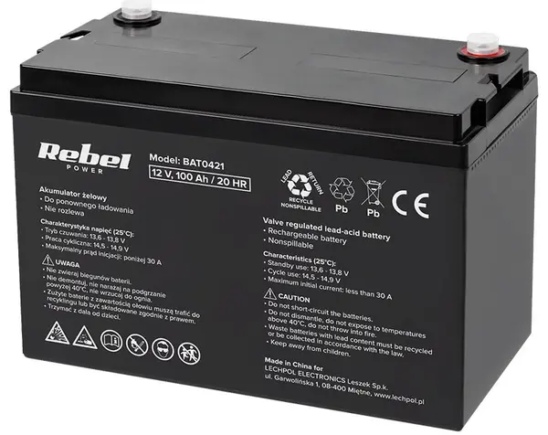 Acumulator cu gel, 12V, 100Ah, rezistenta interna 7 mOhm, Rebel BAT0421