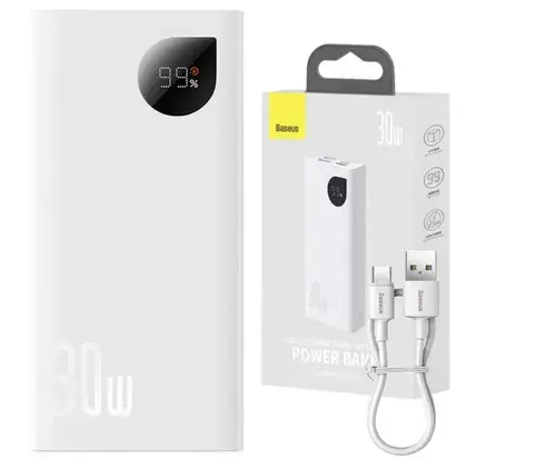 Acumulator extern Baseus Adaman2, Digital Display, Incarcare rapida, 10000 mAh, 30W VOOC Edition, cablu USB-A la USB-C inclus (Alb)