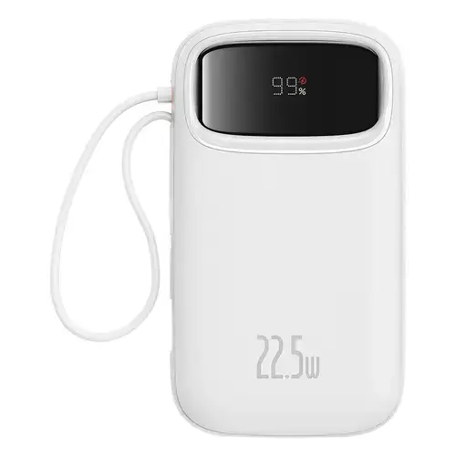 Acumulator extern Baseus Qpow2, 10.000 mAh, cablu dual USB-C si Lightning incorporat, Incarcare rapida, 22.5W, Digital Display (Alb)
