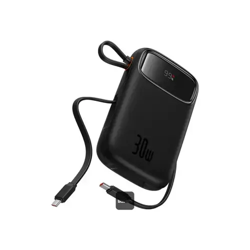 Acumulator extern Baseus Qpow2, 10000 mAh, 30 W, 1 x USB, 2 x USB Type-C, 30cm (Negru)