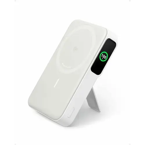 Acumulator extern magnetic wireless Anker MagGo, Qi2, 10.000 mAh, 15W, USB-C, Suport Pliabil, Smart Display, pentru iPhone 15/14/13/12 (Alb)