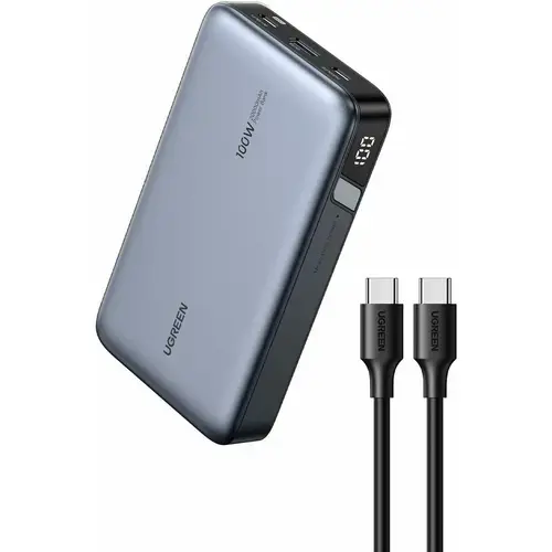 Acumulator extern Ugreen Nexode 20.000 mAh, 100W, 2x USB-C, 1x USB-A, Digital display, cablu USB-C inclus (Gri)