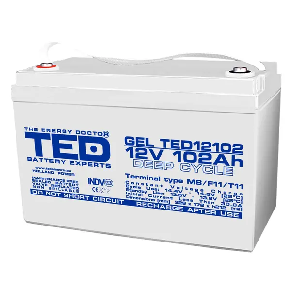 Acumulator GEL 12V 102Ah Deep Cycle, M8, baterie pentru sisteme solare, frigider, rulota, cabana si backup energetic off-grid